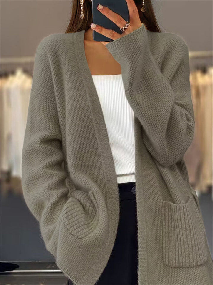 Damen nan lange Strickjacke mit Bindegürtel, aufgesetzten Rippentaschen und lockerem Waffelstrick Drune