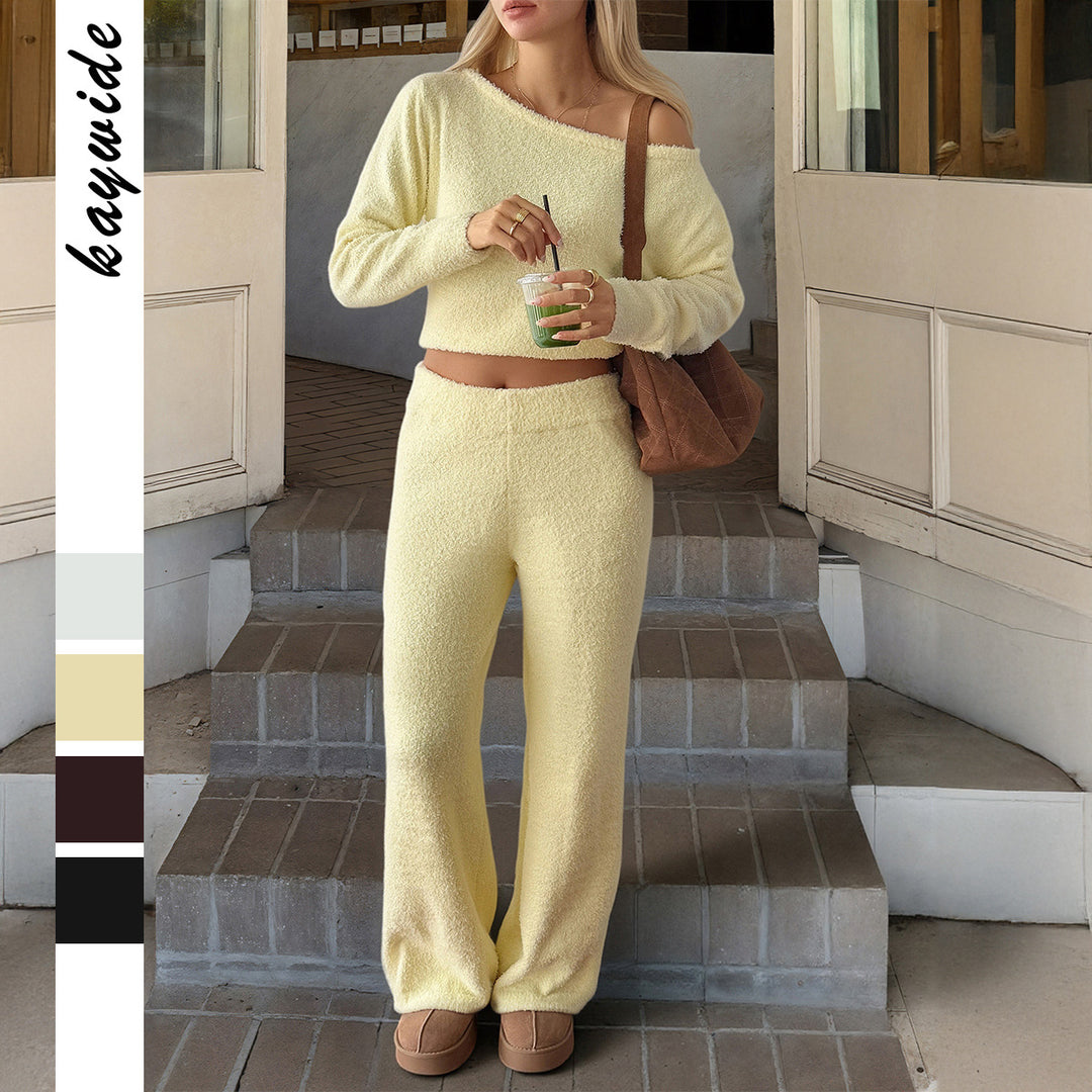 Damen nan kuscheliges Bouclé-Lounge-Set mit One-Shoulder-Crop-Pullover und Highwaist Palazzo-Hose Drune