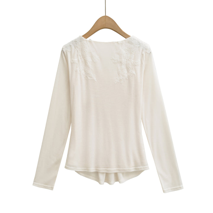 Damen Jersey-Top mit weitem Rundhalsausschnitt, Faltenfront und Spitzenbesatz Drune