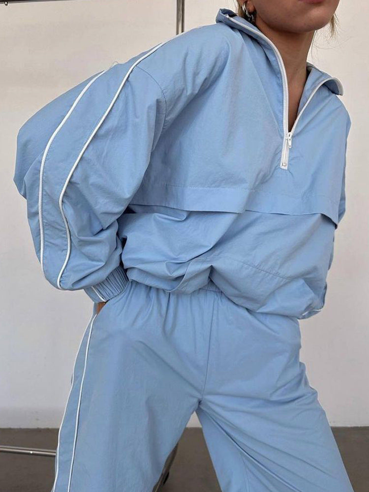 Damen Zweiteiliges Sportliches Jogging-Set mit halbem Reißverschluss, Paspelierung und elastischer Bundhose Drune