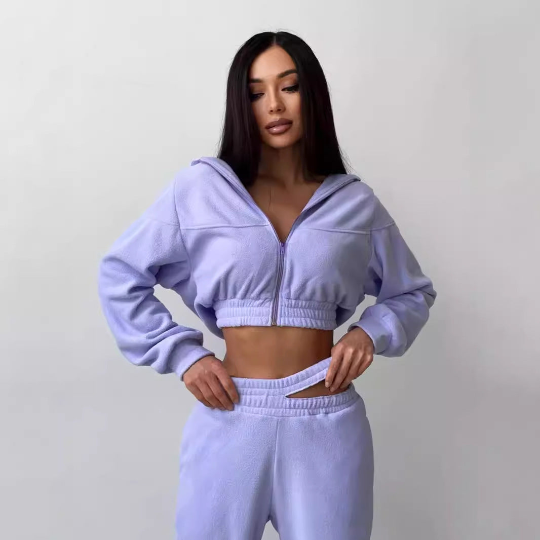 Damen Cropped Fleece-Set mit kurzem Zip-Hoodie und hoher Taillen-Jogginghose Drune