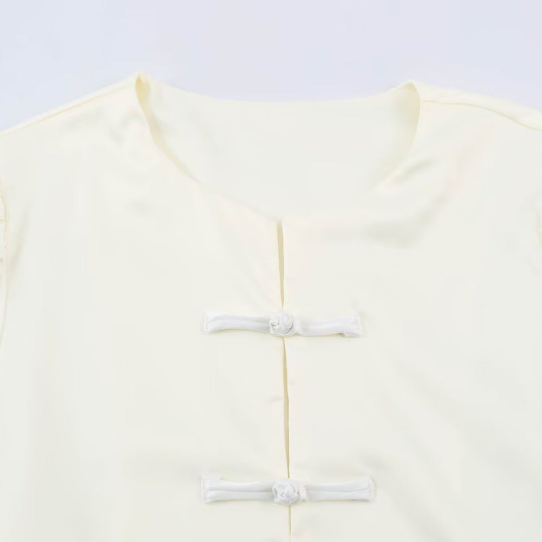 Damen Satinbluse mit chinesischen Knotenverschlüssen und 3/4 Ballonärmeln Drune