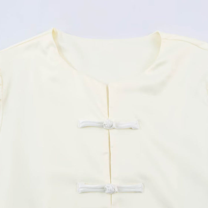 Damen Satinbluse mit chinesischen Knotenverschlüssen und 3/4 Ballonärmeln Drune
