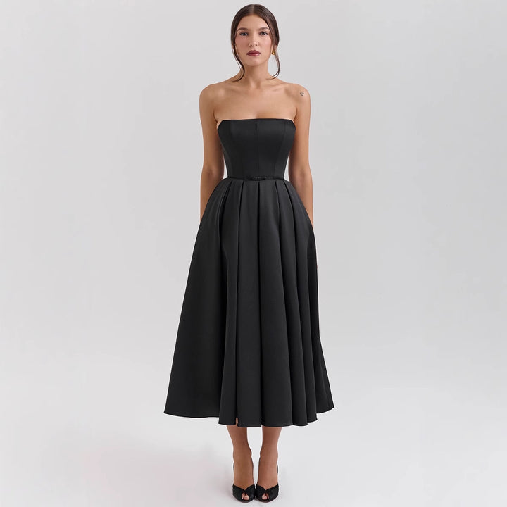 Damen Taillesenkende Midi-Kleid mit schulterfreiem Design und eleganter Faltenstruktur Drune