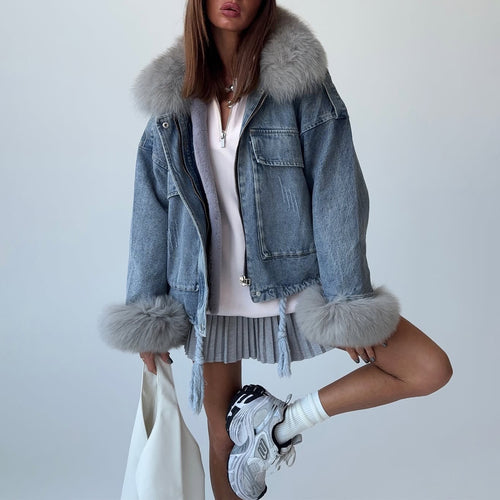 Damen Trendige Jeansjacke mit hohem Kragen und weitem Schnitt Drune