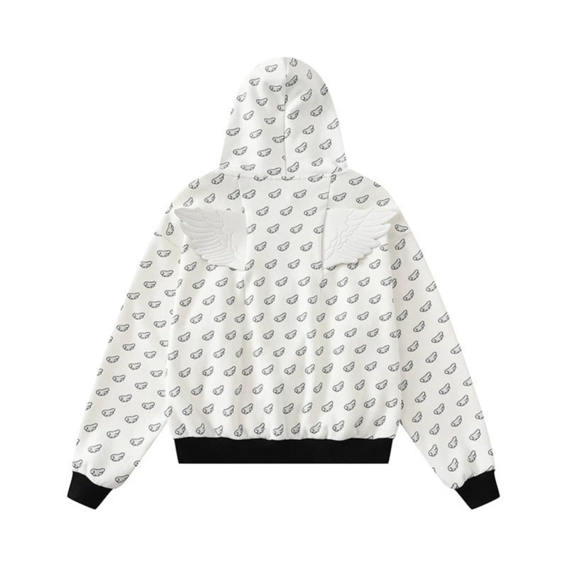 Damen Kapuzensweatjacke mit Allover‑Flügelmotiv, durchgehendem Reißverschluss und kontrastierenden Bündchen Drune
