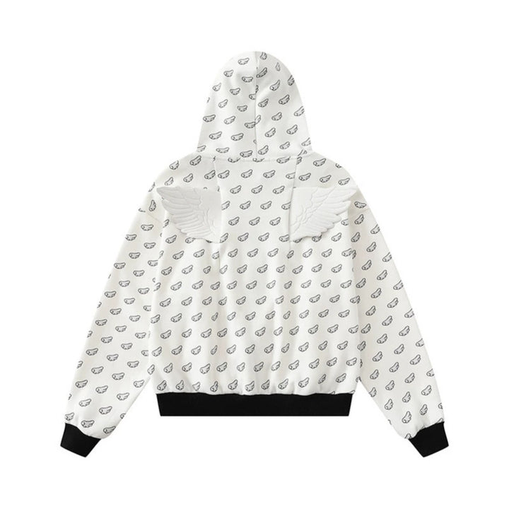 Damen Kapuzensweatjacke mit Allover‑Flügelmotiv, durchgehendem Reißverschluss und kontrastierenden Bündchen Drune