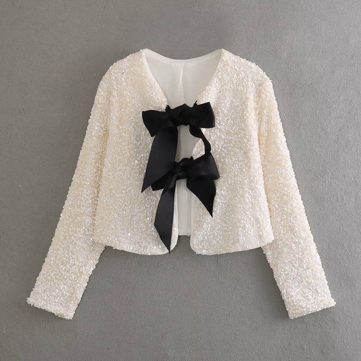 Damen nan glitzernde Cropped-Bolerojacke mit Paillettenbesatz und dekorativen Satinschleifen Drune