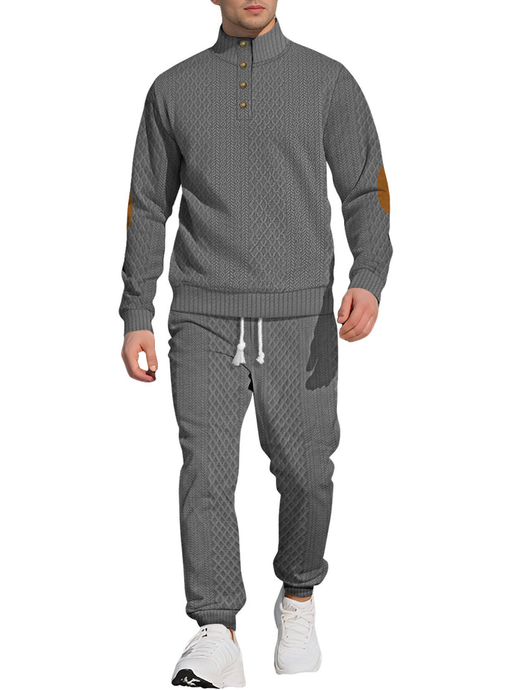 Herren nan strukturiertes Strick-Freizeitset mit Halbknopf-Stehkragen Wildleder-Ellbogenpatches und Kordelbund-Jogger Drune