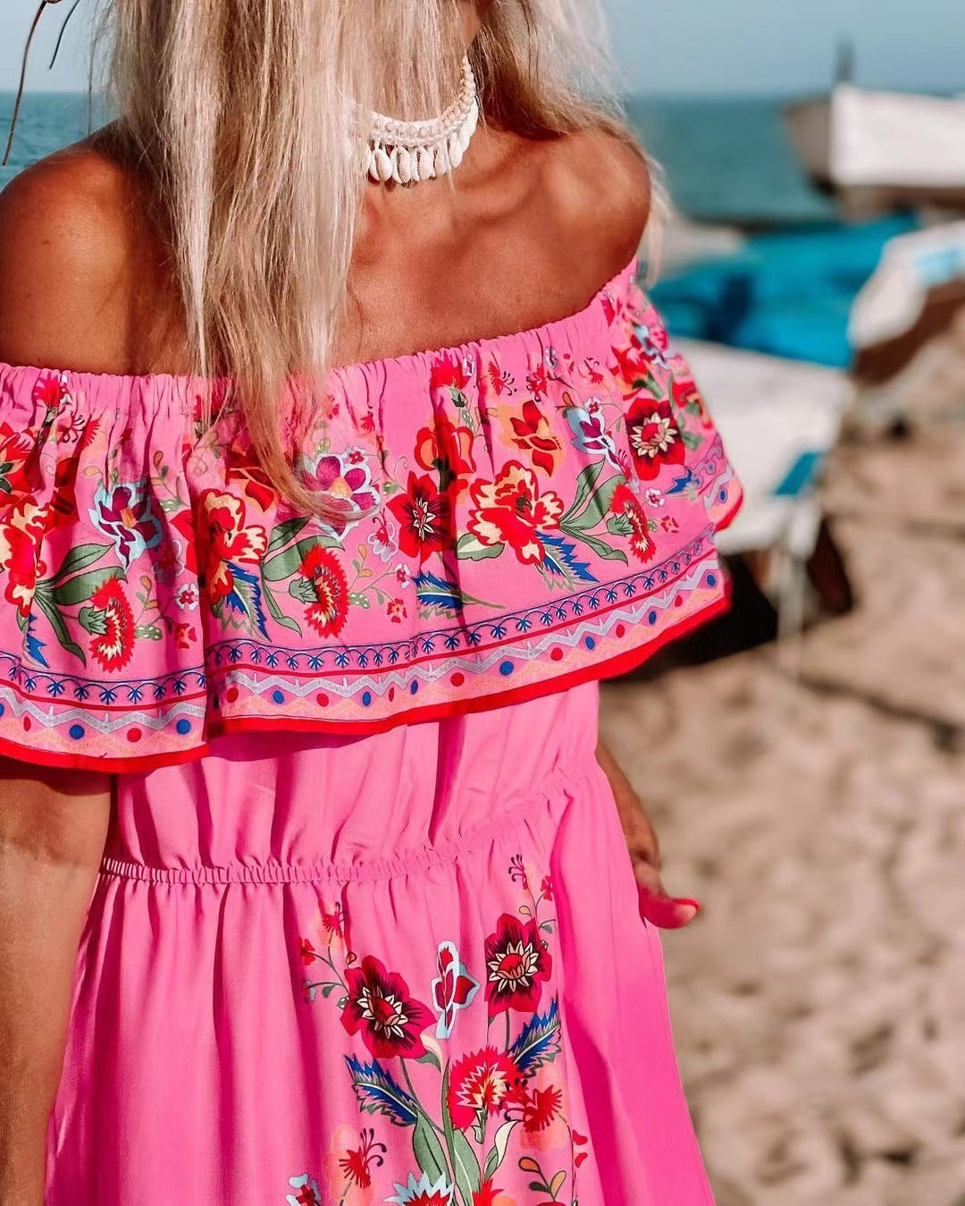 Damen Off-Shoulder Sommerkleid mit floralem Volant Drune
