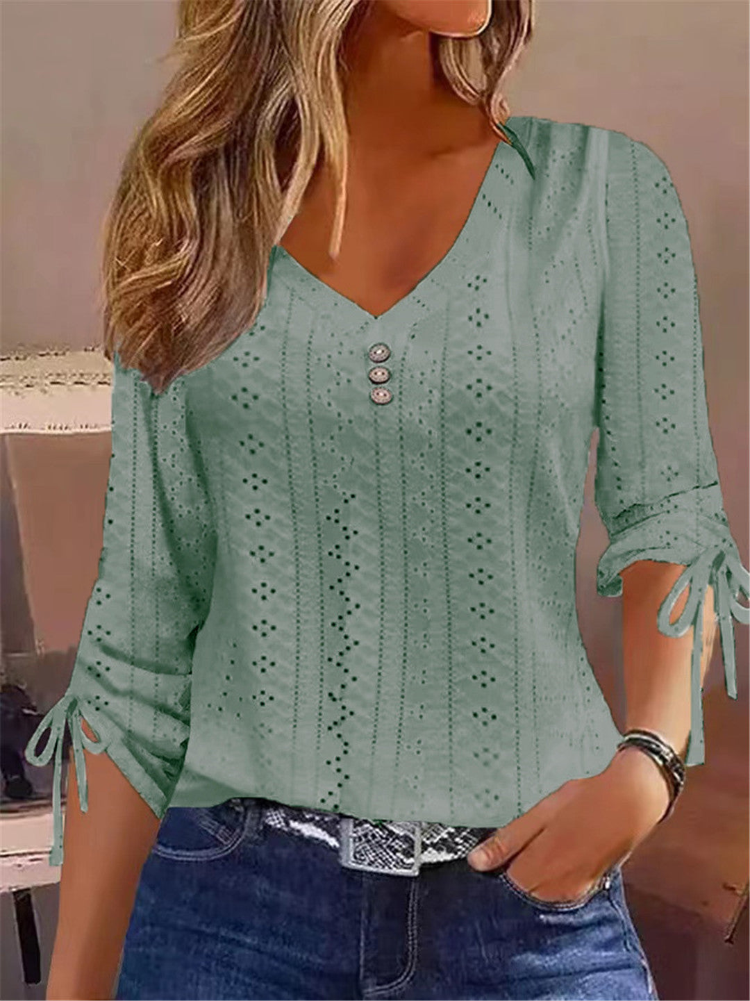 Damen V-Ausschnitt Bluse mit Raffdetails Drune