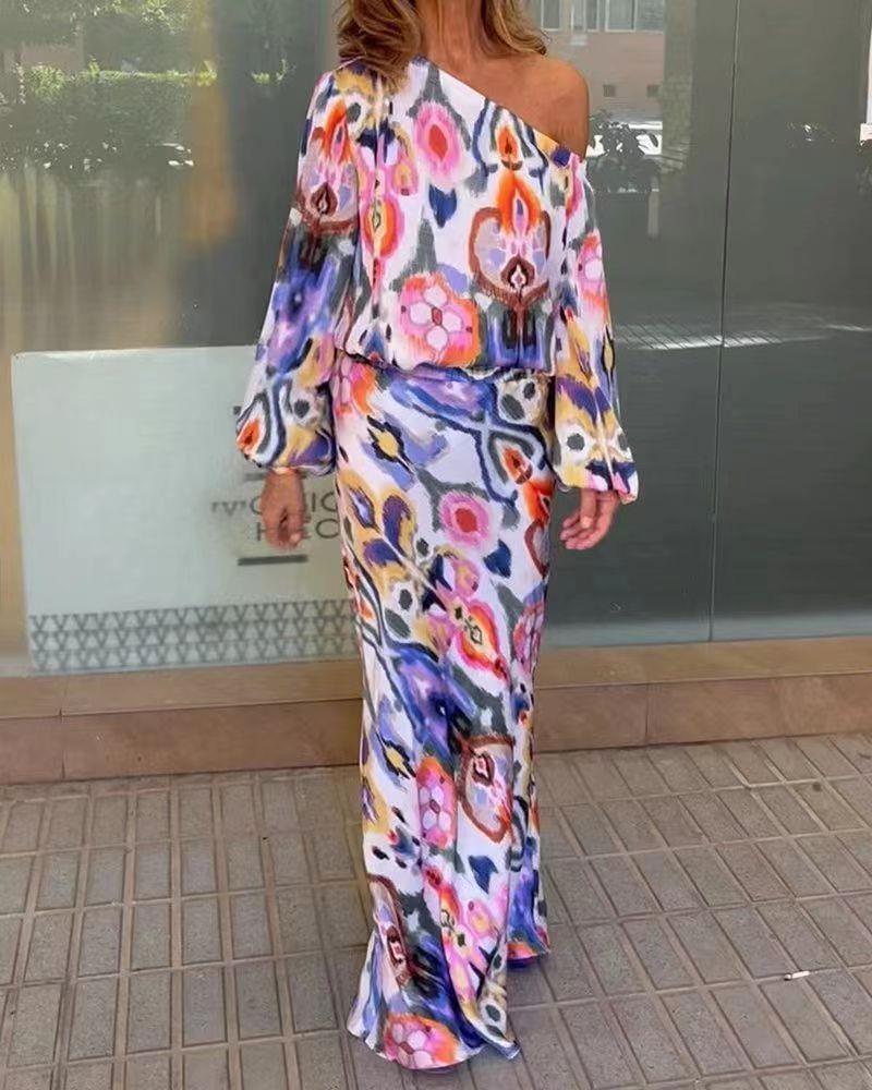 Damen Maxikleid mit asymmetrischer Ein-Schulter, fließendem Satin und Glockenärmeln Drune