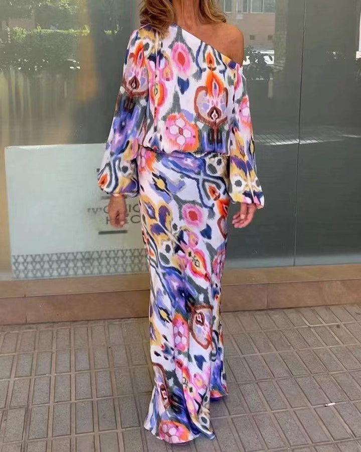Damen Maxikleid mit asymmetrischer Ein-Schulter, fließendem Satin und Glockenärmeln Drune