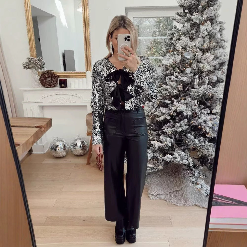 Damen Kurzjacke mit Paillettenbesatz und Zierschleifen-Front Drune