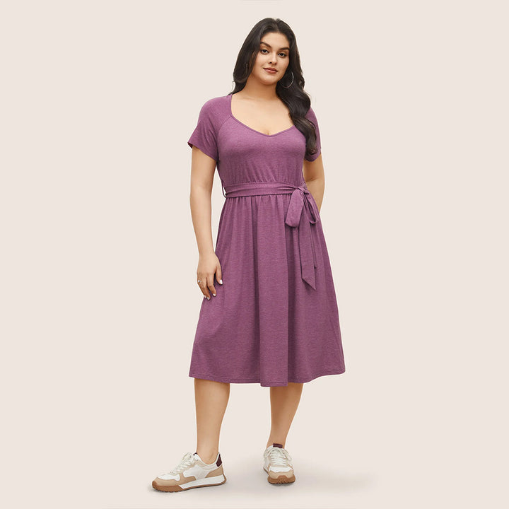 Damen lässiges Maxikleid mit Taillengürtel und V-Ausschnitt Drune