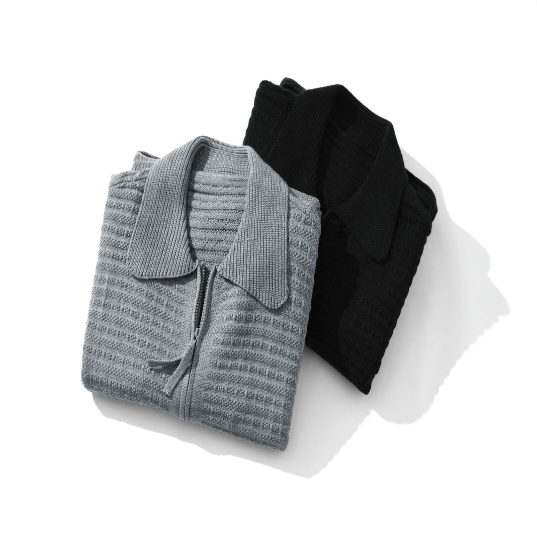 Unisex Strukturiertes Zip-Strickcardigan mit großem Reverskragen Drune