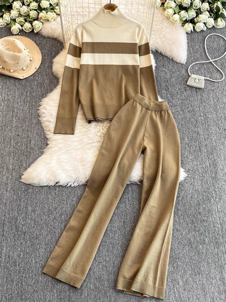 Damen modisches Strick-Loungewear-Set mit hohem Kragen und breiten Streifen Drune