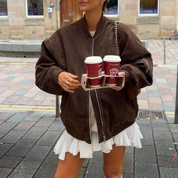 Damen Oversize-Suede-Bomberjacke mit Reißverschluss & gerippten Bündchen Drune