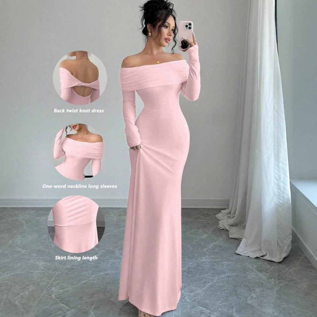 Damen elegantes Schulterfreies Langarm-Maxi-Kleid mit raffinierten Rückendetails Drune