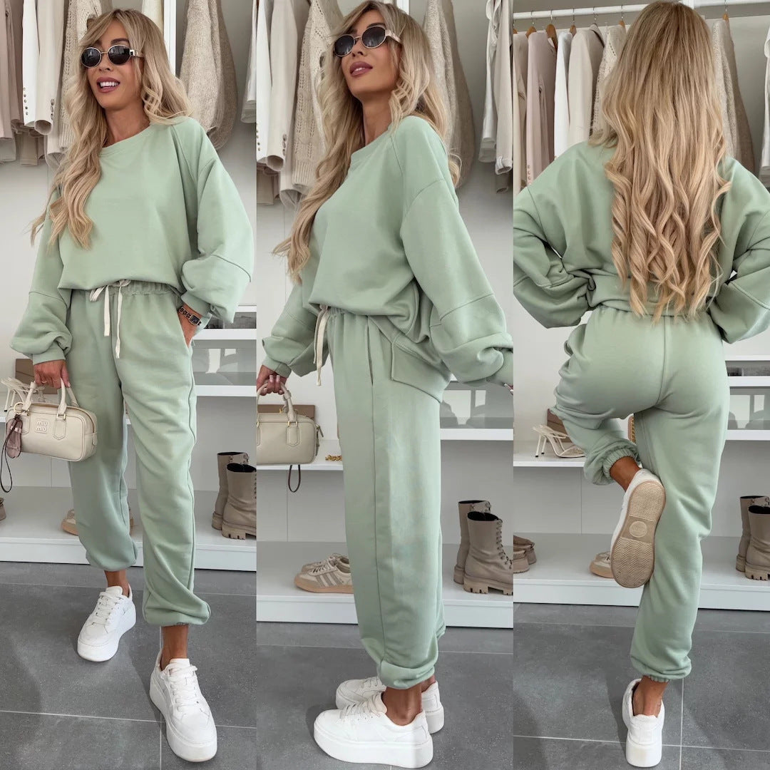 Damen Oversized Loungewear-Set aus weich angerautem Sweat mit Kordelzug-Jogginghose und relaxed Pullover Drune