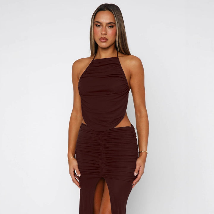 Damen Elegantes Maxikleid mit asymmetrischem Halterhals und ausgefallenem Schlitz Drune