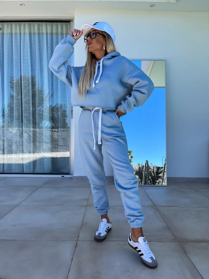 Damen Lässiges und trendiges Jogging-Set mit cropped Hoodie und bequemen Hosen Drune