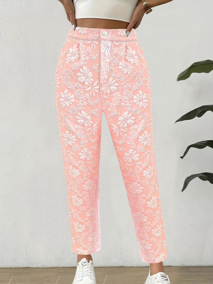 Damen Hochtaillierte Bundfalten‑Hose mit floralem Jacquard und geradem Bein Drune