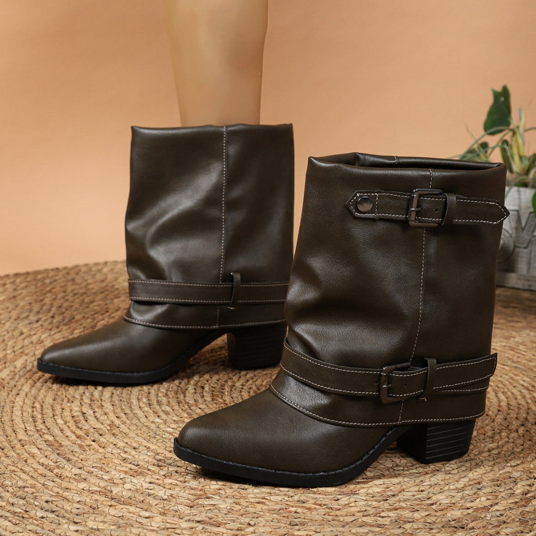 Damen halbhohe Stiefel mit dekorativen Schnallenriemen und Blockabsatz Drune