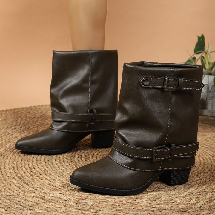 Damen halbhohe Stiefel mit dekorativen Schnallenriemen und Blockabsatz Drune