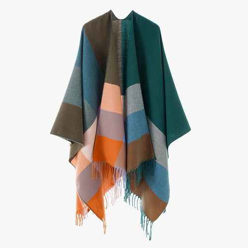 Damen Wickel-Cape aus Wollmix mit Karomuster und Fransen Drune