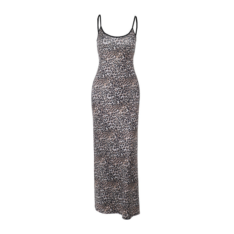 Damen elegantes Maxikleid mit tierischem Muster und schmalen Trägern Drune