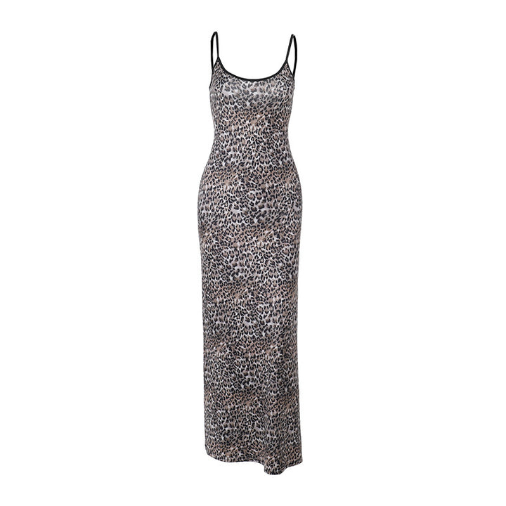 Damen elegantes Maxikleid mit tierischem Muster und schmalen Trägern Drune