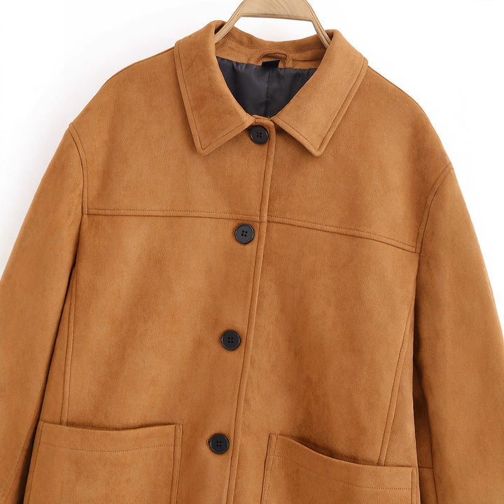 Damen Boxy-Utility-Jacke aus Wildlederoptik mit Hemdkragen und großen aufgesetzten Taschen Drune