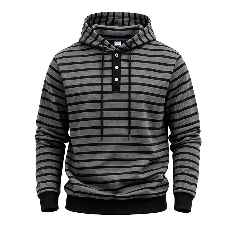 Herren Gestreifter Kapuzenpullover mit Henley‑Knopfleiste, Kordelzug und Rippbündchen Drune