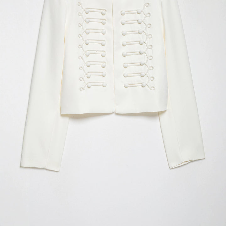 Damen Korddetail-Bolerojacke mit Stehkragen und Paraderiegel-Optik Drune