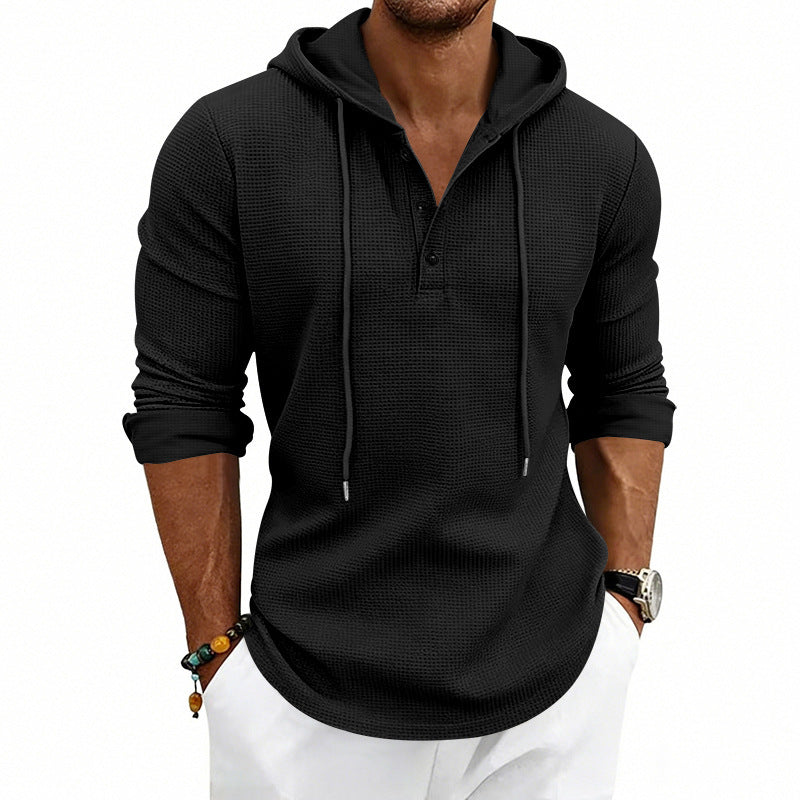 Herren Texturiertes Kapuzen-Langarmshirt mit Knopfleiste und Waffelstruktur Drune