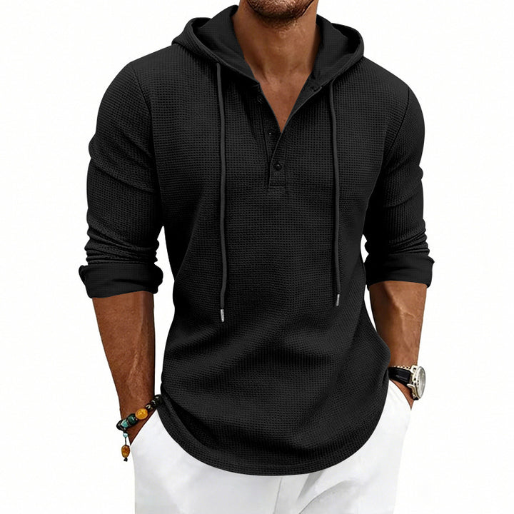 Herren Texturiertes Kapuzen-Langarmshirt mit Knopfleiste und Waffelstruktur Drune
