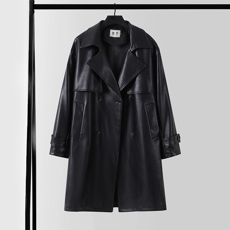 Herren Lederimitat-Trenchcoat mit Doppelreiher, Oversize-Schnitt und Manschettenriegel Drune