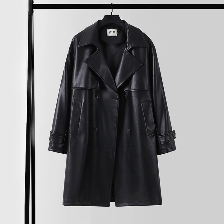 Herren Lederimitat-Trenchcoat mit Doppelreiher, Oversize-Schnitt und Manschettenriegel Drune