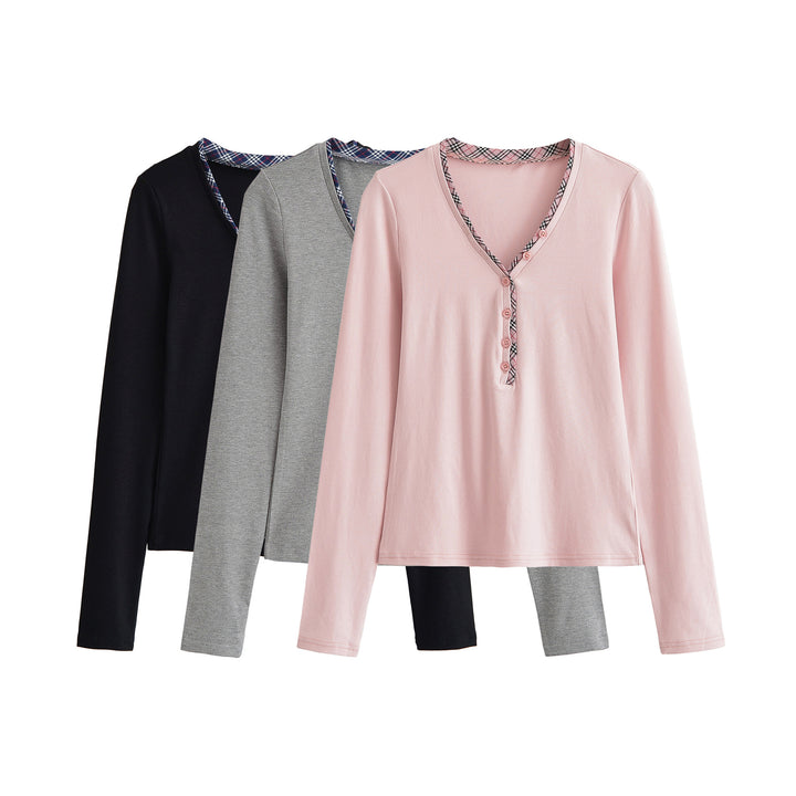 Damen Langarmshirt mit V-Ausschnitt, Knopfleiste und Karobesatz Drune