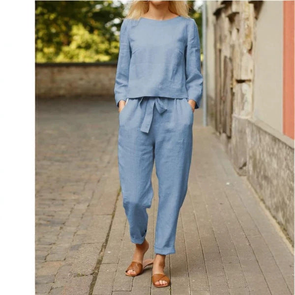 Damen Lässiges Leinen-Loungewear-Set mit Rundhalsausschnitt, Bindegürtel und knöchellanger Hose Drune