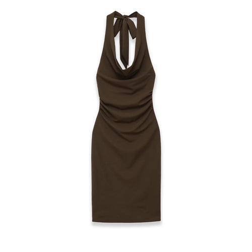 Damen Midikleid mit Neckholder, Wasserfall‑Cowl‑Ausschnitt und seitlicher Raffung Drune