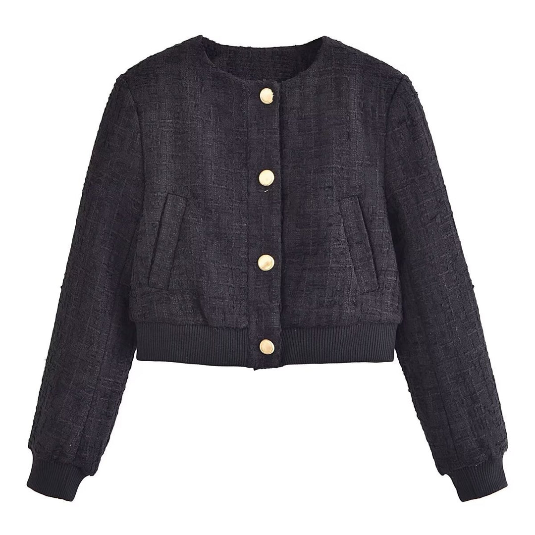 Damen nan taillierter Bouclé-Blouson mit Rundhalsausschnitt und goldfarbenen Druckknöpfen Drune