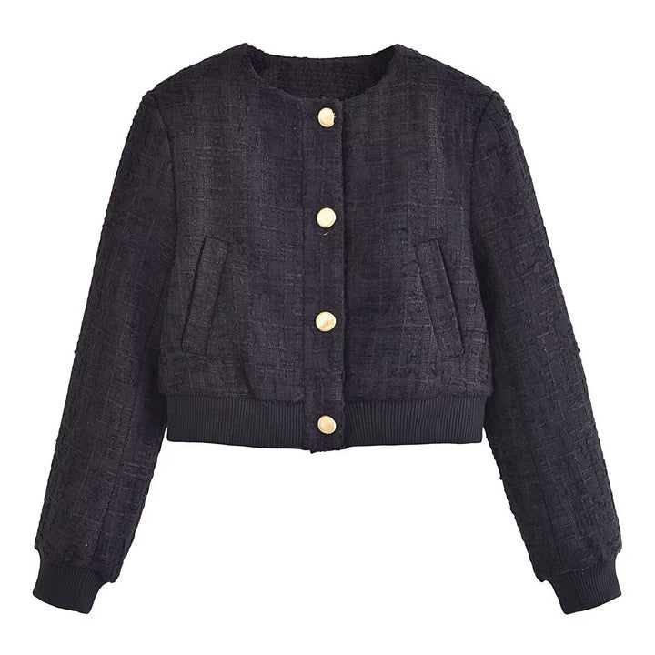 Damen nan taillierter Bouclé-Blouson mit Rundhalsausschnitt und goldfarbenen Druckknöpfen Drune