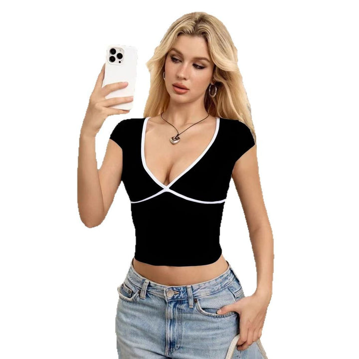 Damen Crop-Top mit V-Ausschnitt und Kontrastbesatz Drune