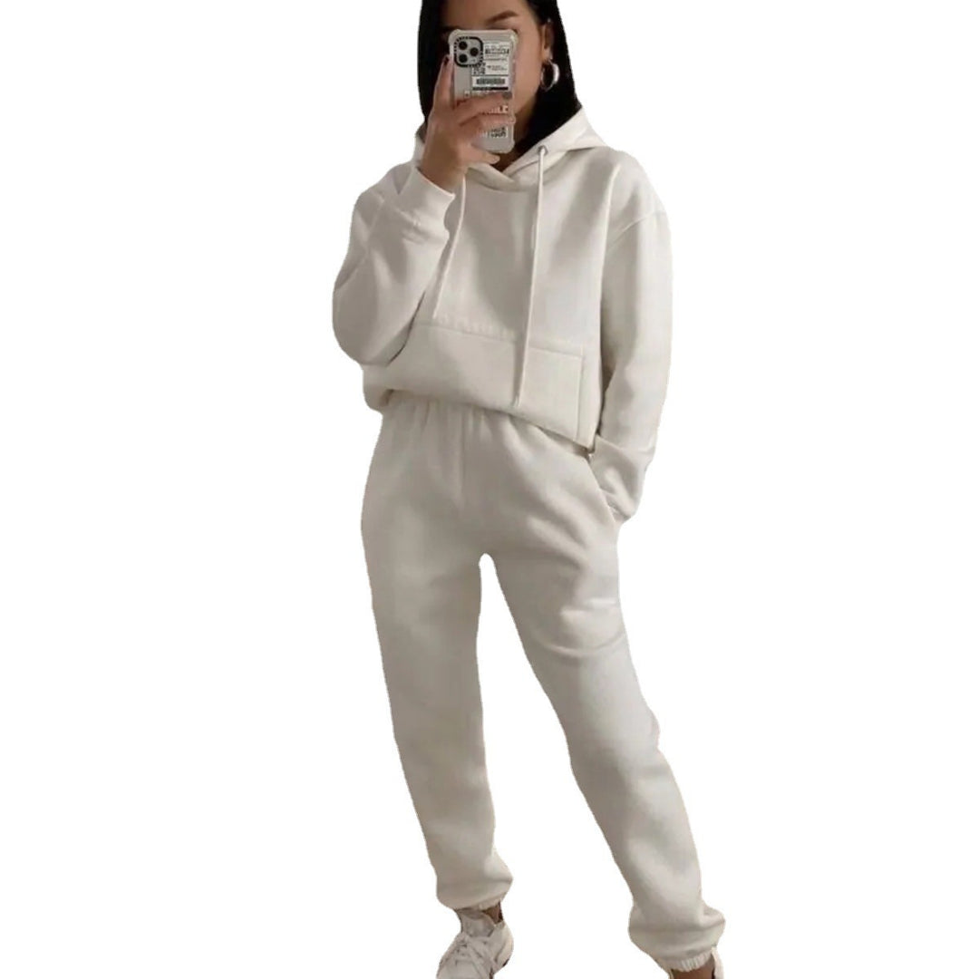 Damen lässiger Fleece-Sweatsuit mit cropped Hoodie und elastischer Hose Drune