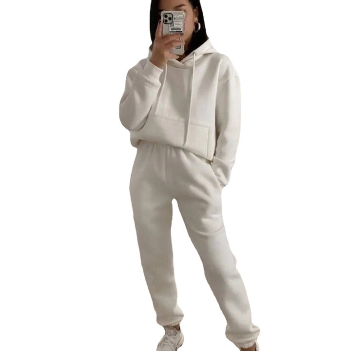 Damen lässiger Fleece-Sweatsuit mit cropped Hoodie und elastischer Hose Drune