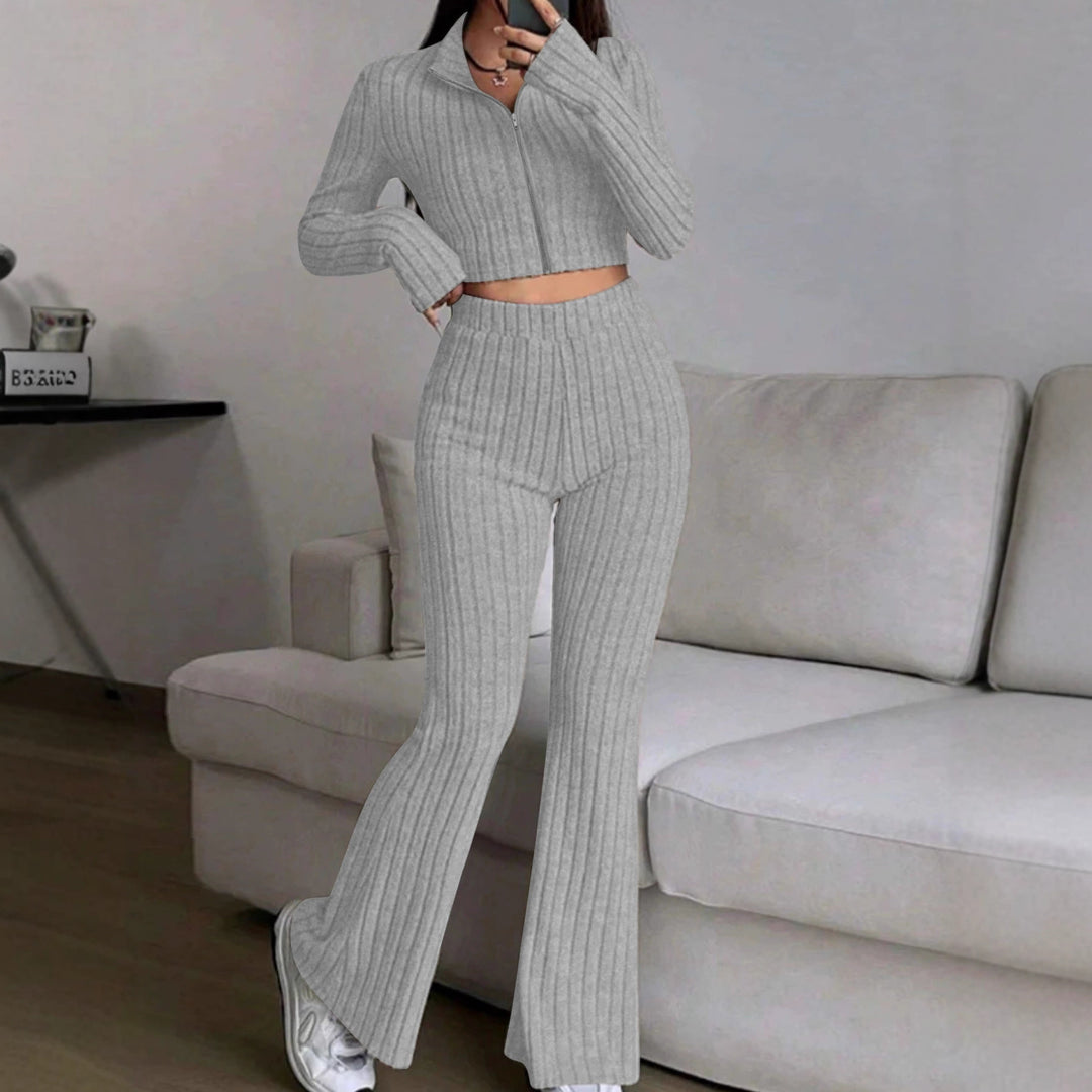 Damen Gerippter Strick-Zweiteiler mit Cropped Reißverschluss-Cardigan und High‑Waist Schlaghose Drune