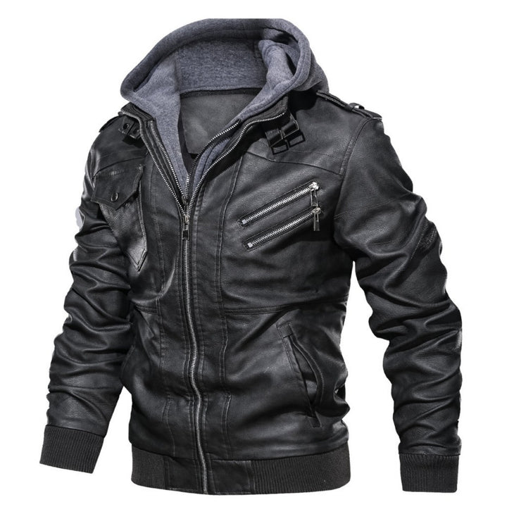 Herren Kunstleder-Bomberjacke mit Kapuze Fleece-Innenfutter und Multifachtaschen Drune