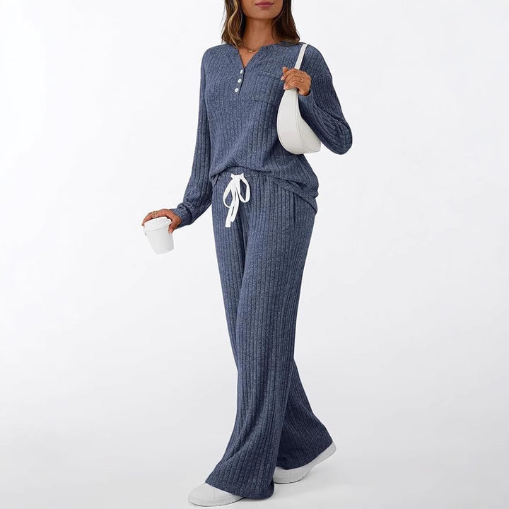 Damen Rippstrick-Lounge-Set mit Knopfleiste und weitem Kordelbund-Hose Drune